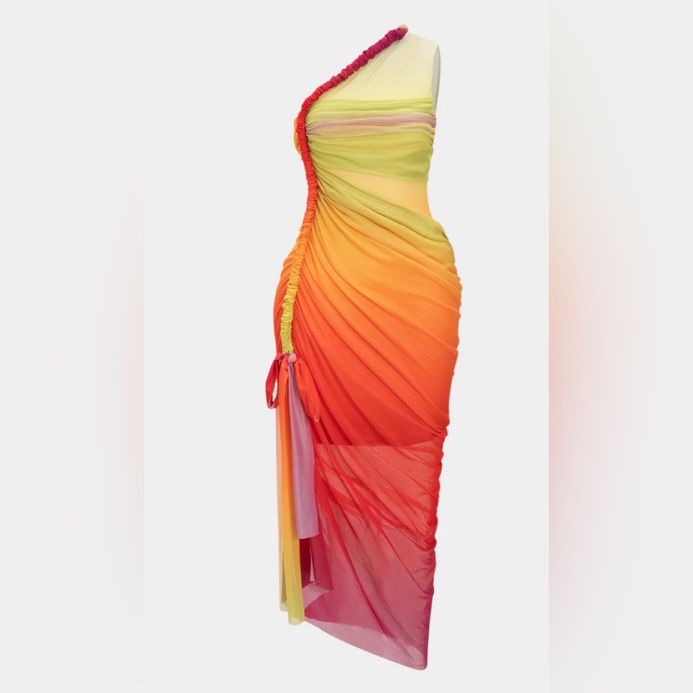 Ombre Print Twist Mesh One Shoulder Sleeveless Midi Dress - Picture 2 of 7